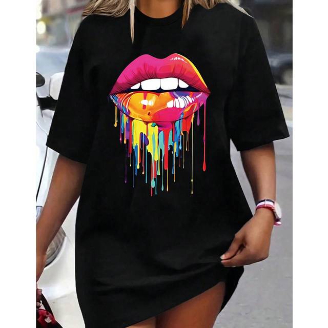 Calvaya Plus Size Lips Printed Short Sleeve T-Shirt Graphic Tees Women Tops