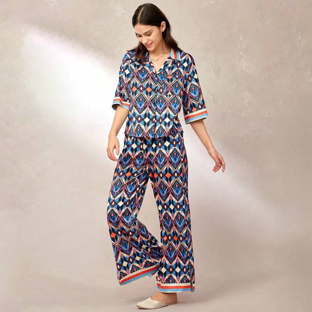 Semestermode Mönstrade satäng långa pyjamasset för kvinnor Loungeset för kvinnor Underkläder som ytterkläder - Marinblå (L,M,S,XL,XS,XXL,XXS,XXXL,XXXXL)