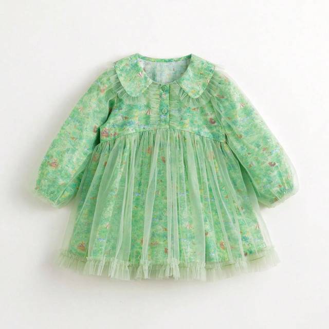 Söt och intressant vårklänning med blommönster och spets, Peter Pan-krage, vår, söt och intressant - Grön (6Y,8Y,10Y,4Y,5Y,9-12M,18-24M)