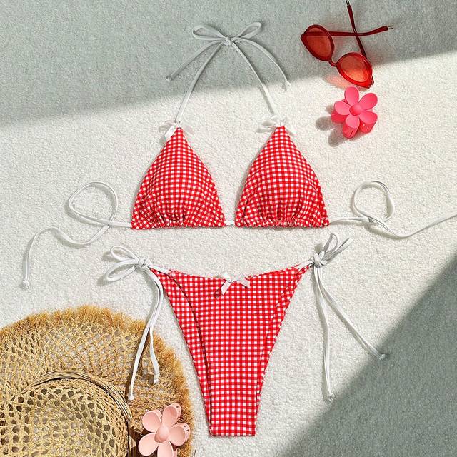 Schackrutig V-ringade Kragar Grimma Bikini Set - Rött och Vitt (L,M,S,XS)