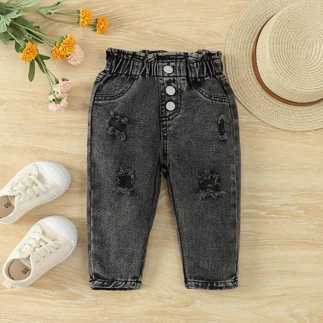 SHEIN Baby Girls&#39; Cute Street Style Distressed Jeans With Elastic Waistband, Comfortable And Casual