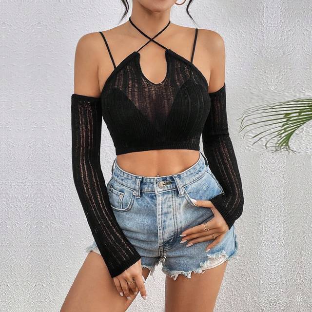 SHEIN Women&#39;s Solid Color Off-Shoulder Crop Sweater