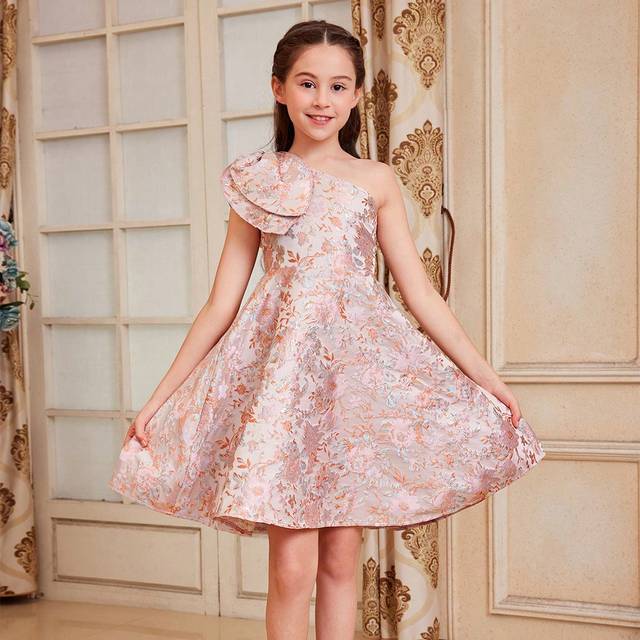SHEIN Tween Girl Floral Pattern Fabric Decorated Bowknot & Knee Length Dress