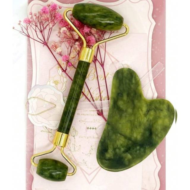 Naturlig Jade Roller Och GUA SHA Uppsättningar Jade Ansikte Roller För kvinnor GUASHA Sten Rosenkvarts Roller Ansiktsmassage-verktyg Roller GUA SHA Oc - Grön
