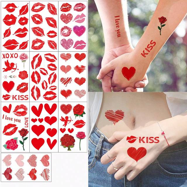 SHEIN 10 Sheets Valentine&#39;S Day Party Temporary Tattoos Body Hand Face Sweet Heart Tattoo Stickers For Valentine&#39;S Day Wedding Sticker Supplies