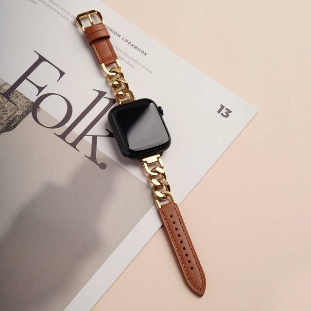 SHEIN Genuine Leather Chain Strap Compatible With Apple Watch Series 10/9/8/7/6/5/4/SE, Stainless Steel Band Compatible With Apple Watch