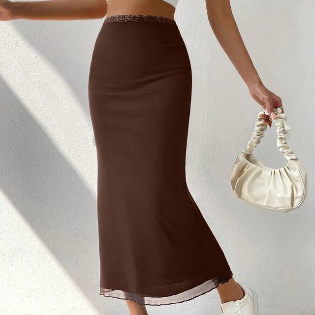 SHEIN Ladies&#39; Solid Color Mesh Lace Trim Midi Skirt