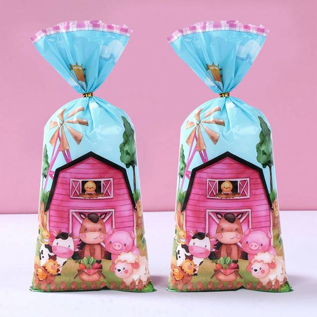 SHEIN 25pcs Cute Farm Animal Style Gift Bag, Pink Farm Theme Birthday Party Gift Packaging Supplies, Cookie Bags,