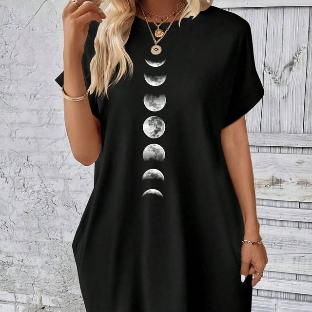 Luneh Casual Loose Women Moon Print Round Neck Short Sleeve Dress, Summer