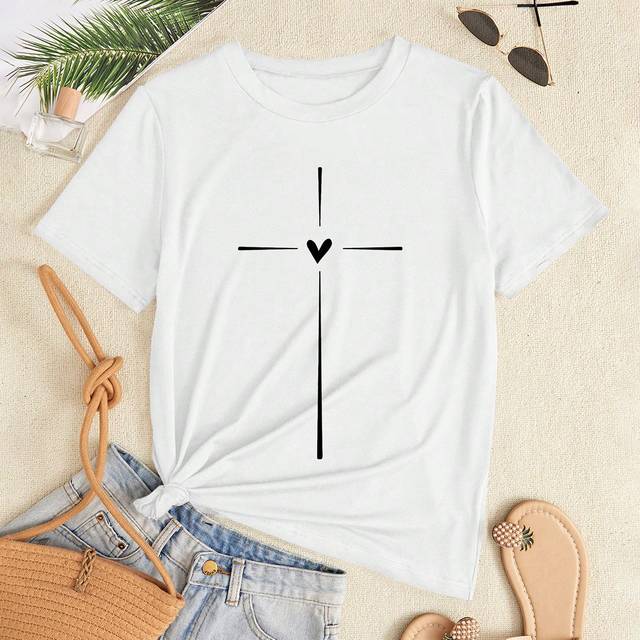 VaVaBold Slim Fit Heart Print Casual Short Sleeve T-Shirt Graphic Tees Women Tops
