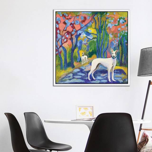 Greyhound Stroll by Connie Collum - Painting Print on Canvas - White Framed (93.98cm H x 93.98cm W x 3.81cm D)