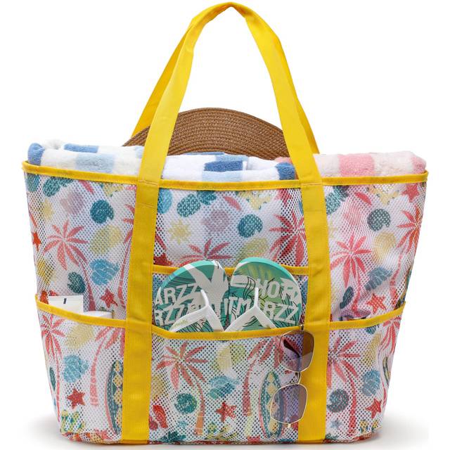 F-color Mesh Beach Bag for Women - Oversized Beach Tote 9 Pockets Beach Towel Bag  Beach Yellow