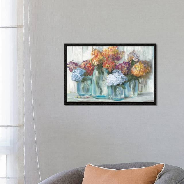 Fall Hydrangeas in Glass Jar Crop by Carol Rowan - Painting Print on Canvas - Black Framed (45.72cm H x 66.04cm W x 3.81cm D)