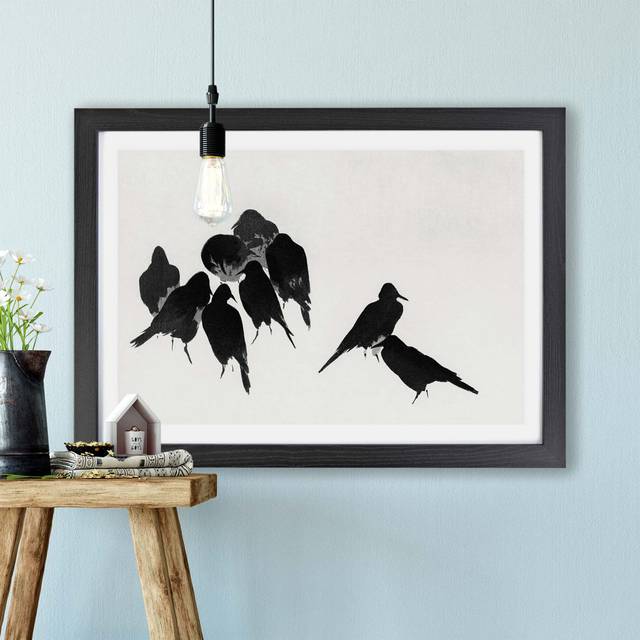 &#39;The Japanese Crows&#39; by Watanabe Seitei - Picture Frame Painting Print on Paper - Black Framed Paper (33cm H x 45cm W x 2cm D)