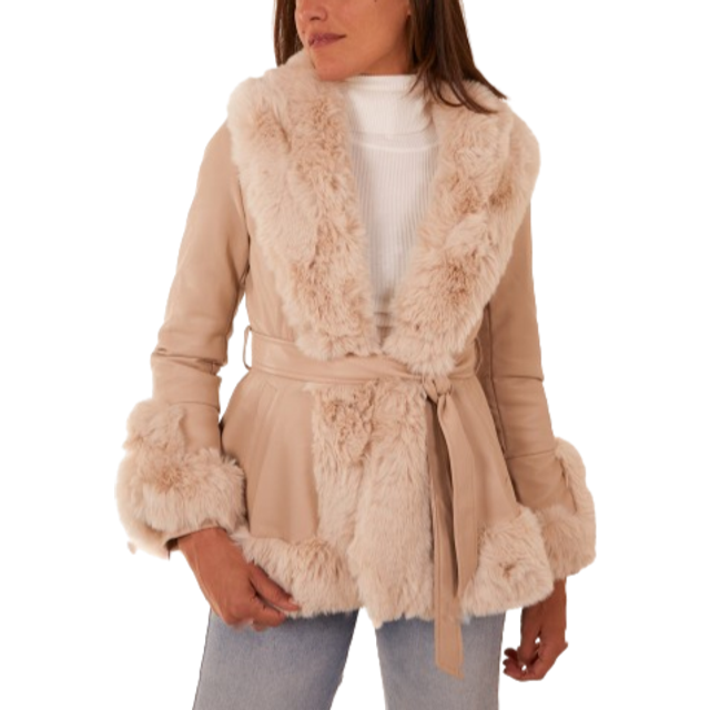 Faux Fur PU Coat With Belt - 12 / CREAM