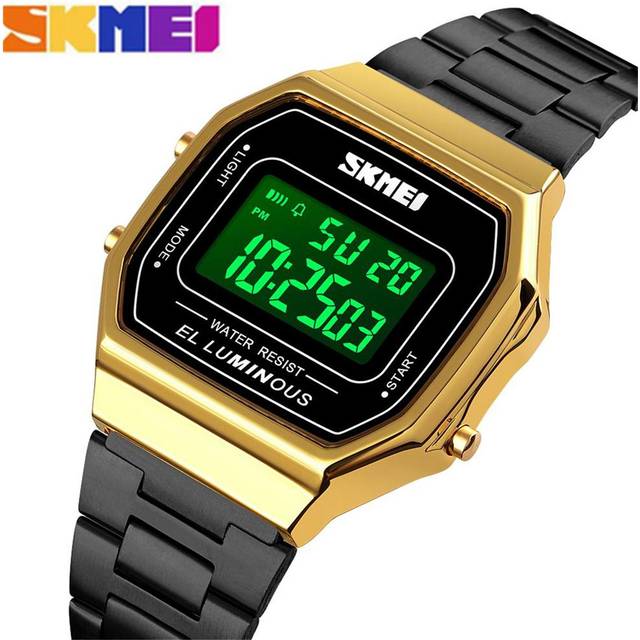 SKMEI Men Digital Business Watch Accurate Time Display Date Week Alarm Clock Backlight 3ATM gold