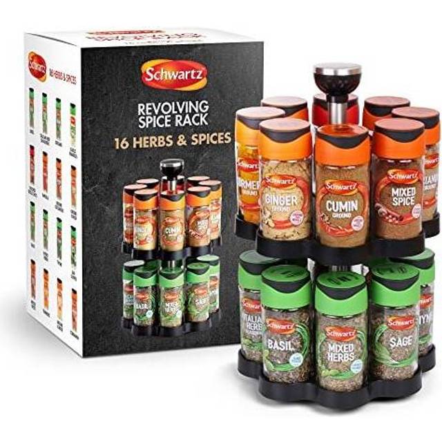 Schwartz Rotating Spice Rack, Space Saving, Includes 16 Herbs and Spices Jars for your Favourite Dishes, 373 G , 18cm (W) x 26cm (H), Engraved