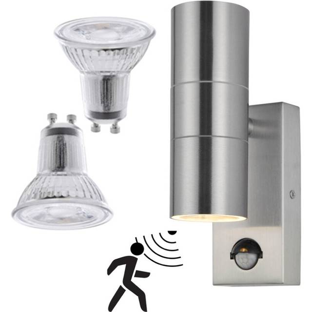 (Steel) Kenn Outdoor Up Down PIR Wall Light & LED Bulbs