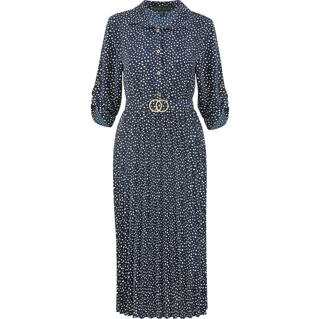 Spot Pleated Skirt Midi Dress With Buckle - Navy - Size 10 - Mela