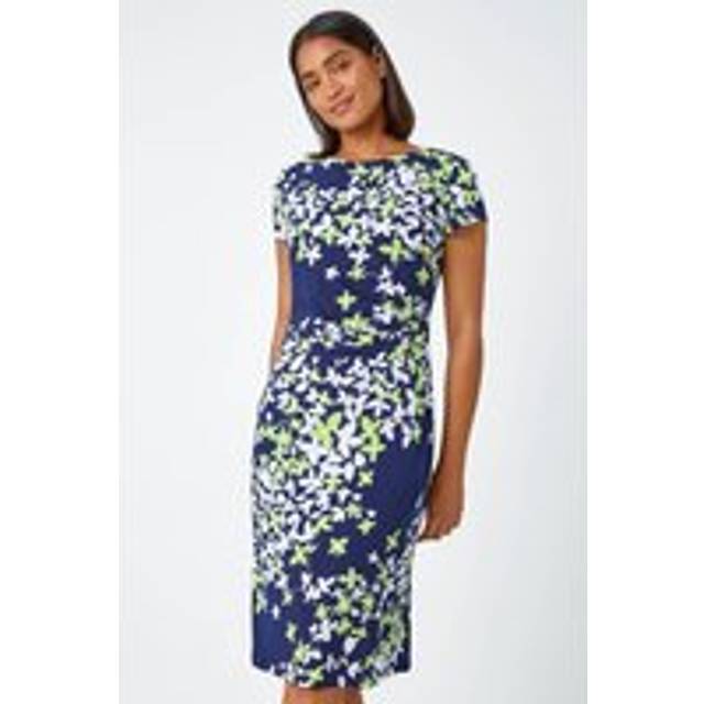 Roman Lime Floral Print Shift Stretch Dress - Size 16