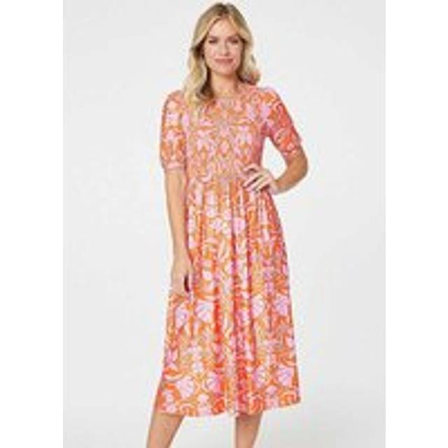 Floral Smocked Detail Midi Dress - Orange - Extra Large - Izabel London