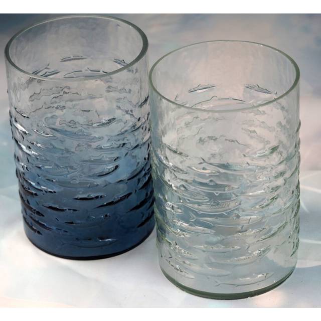 Set Of 2 Glass Nautical Shoal Swimming Fish Vase - Blue / Clear