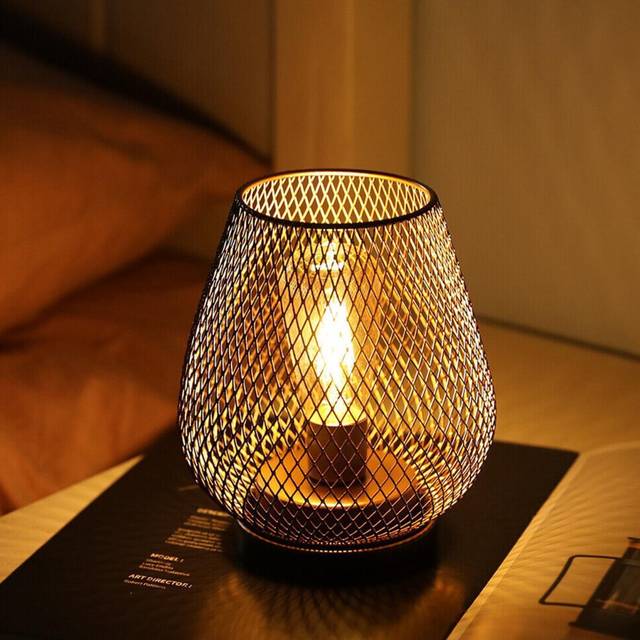 Cordless Table Lamp Metal Cage Lantern LED Night Light Battery Powered
