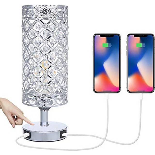 Touch Control Crystal Bedside Lamp with Dual USB Port 3-Way Dimmable Table Lamp with E27 Glitter Lampshade for Bedrooms Living Room(LED Bulb Included)