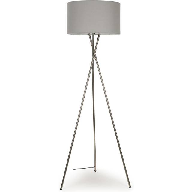 Minisun - Camden Modern Brushed Chrome Metal Tripod Floor Lamp with Pale Grey Cylinder Shade - Includes 6w led Bulb 3000K