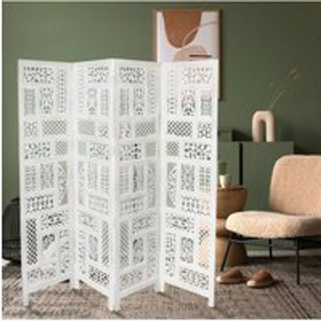 (WHITE) 4 Panel Wooden Carved Screen Divider Circle Jali