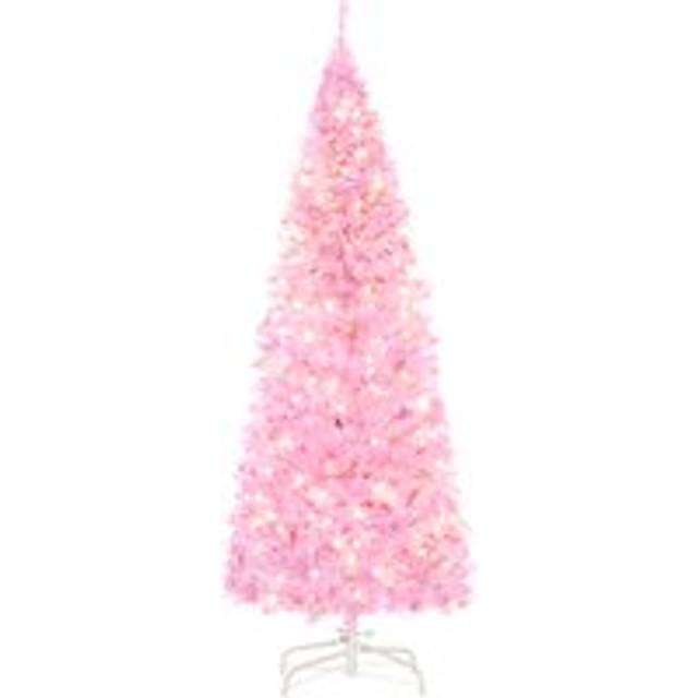 HOMCOM 5' Tall Prelit Pencil Slim Artificial Christmas Tree with Realistic Branches, 250 LED Lights and 408 Tips, Xmas Decoration, Pink Aosom UK