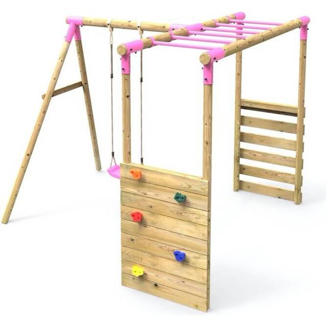 (Single Swing Solar, Pink) Rebo Wooden Garden Children's Swing Set with Extra-Long Monkey Bars