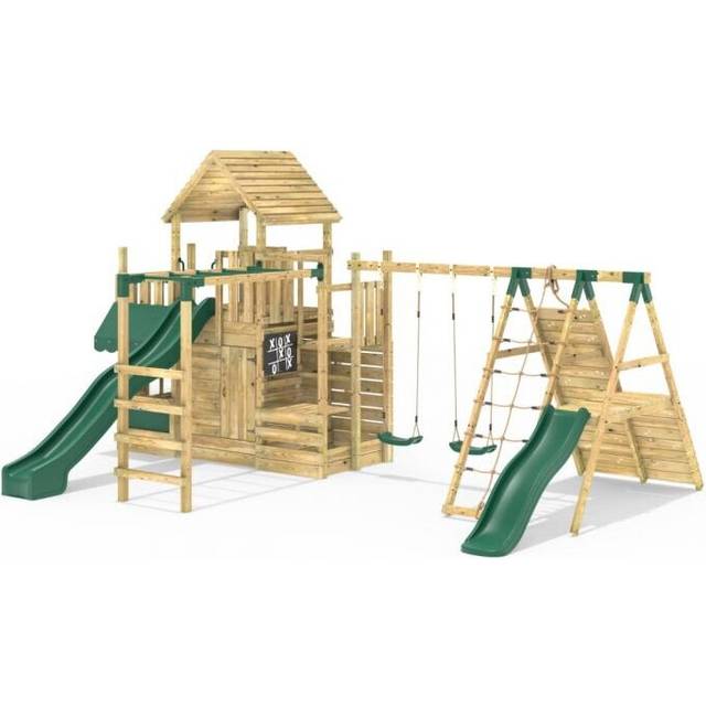 Rebo Modular Wooden Climbing Frame Playset - M27 Double Swing, Monkey Bars & Den