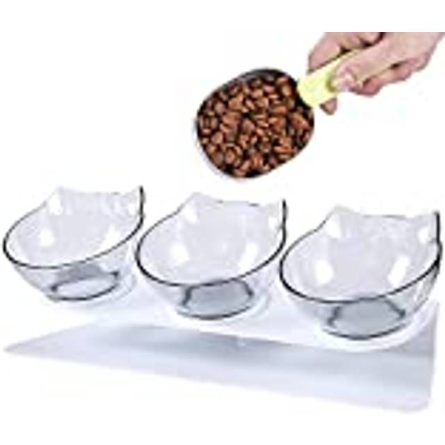 Raised Cat Bowl with Stand, Tilted Cat Bowl for Kitten Elevated Cat Bowl Anti Vomiting Plastic Transparent Cat Food Water Bow (Three Bowls)