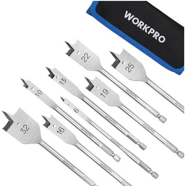 8-Piece Spade Drill Bit Set, Carbon Steel Heavy Duty Flat Wood Drill Bit Set, 1/4 inch Quick Change Hex Shank Woodworking Drilling Flat Bits Blades