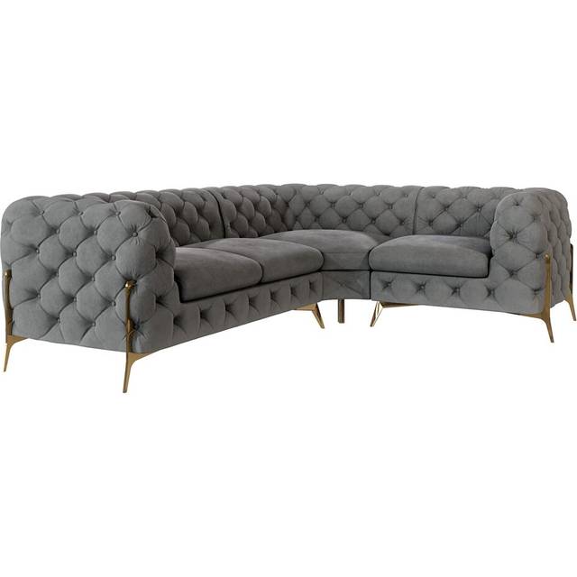 Chesterfield Corner Sofa L-Shape Atoka with Gold Metal Legs - Grey (73cm H X 262cm W X 200cm D)