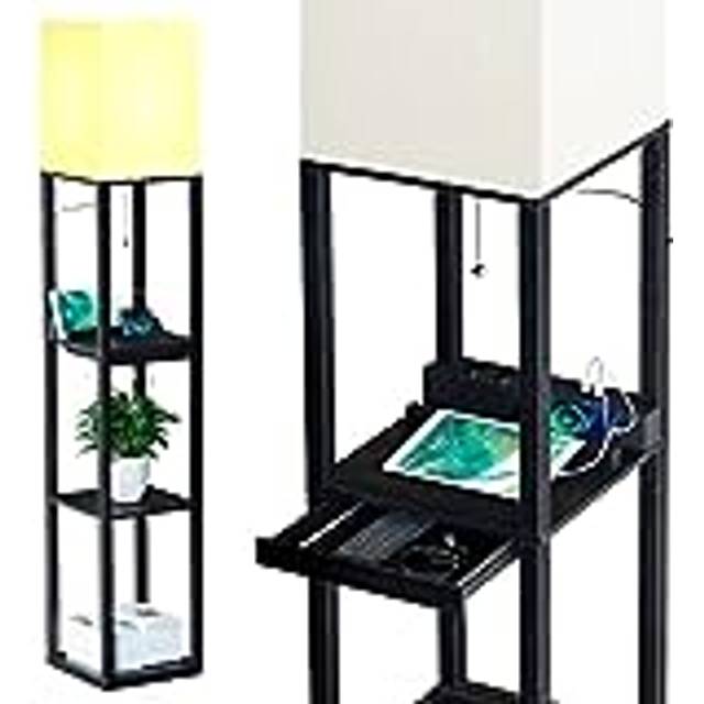 SUNMORY Golvlampa vardagsrum, golvlampa med hylla av massivt trä, 3 färgtemperaturer, 2 USB-laddningsportar och 1 låda, golvlampor för vardagsrum, sovrum, svart golvlampa (med glödlampa)