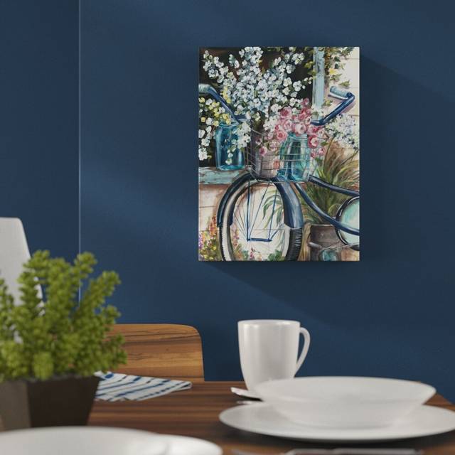 'Vintage Bicycle and Mason Jar' by Tre Sorelle Studios Watercolour Painting Print on Wrapped Canvas (60.96cm H x 81.28cm W)