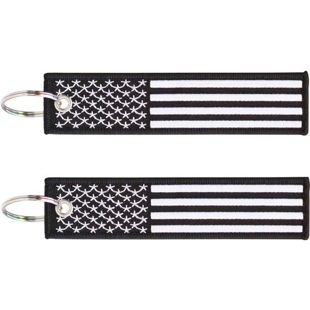 2-PK American Flag Keychain Tag with Key Ring & Carabiner - Keys  Cars  Motorcycles  Backpacks  Luggage  Gifts - EDC (Black White)