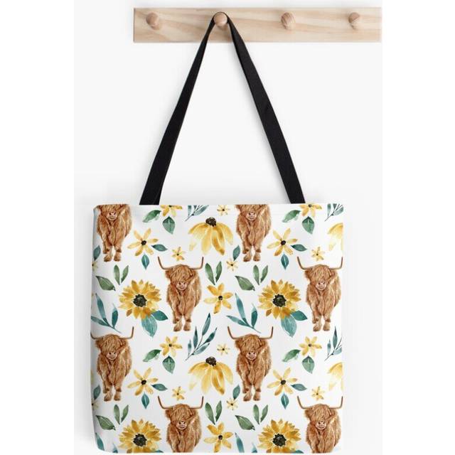 Tote Bags Highland Cow and Sunflowers, Wildflowers, Cow Art, Yellow Floral Grocery for School Library Gym