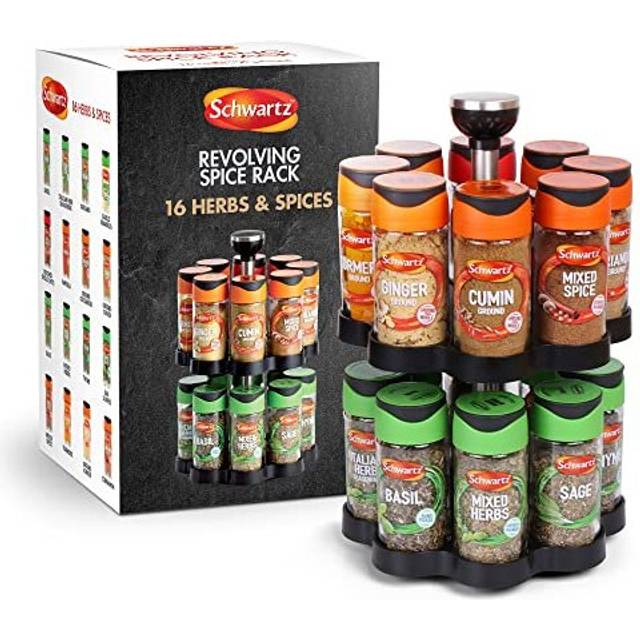 Schwartz Rotating Spice Rack with Spices Included, Spice Rack for Inside Cupboard, Kitchen Organiser, Kitchen Countertop Spice Rack, Includes 16