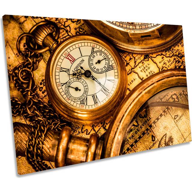 Antique Pocket Watch Map Wrapped Canvas Art Print - Orange;Bronze (91.4cm H x 137.2cm W)