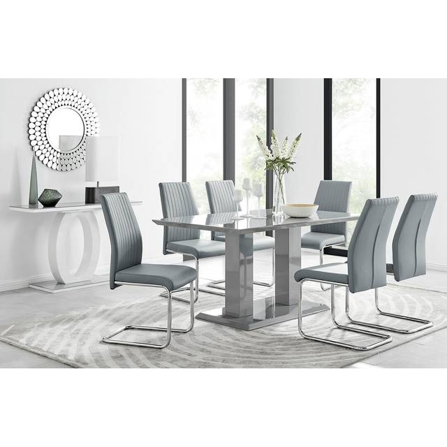 Edzard Double Pedestal High Gloss Dining Table Set with 6 Luxury Faux Leather Dining Chairs - Elephant Grey (6)