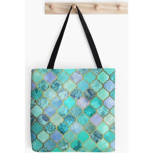 Tote Bags Cool Jade Icy Mint Decorative Moroccan Tile Pattern Grocery for School Library Gym