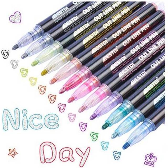 Double Line Outline Pens 12 Colours Shimmer Metallic Markers Glitter Pens for Painting DIY Art Craft Scrap Booking Posters Doodle Dazzle Writing