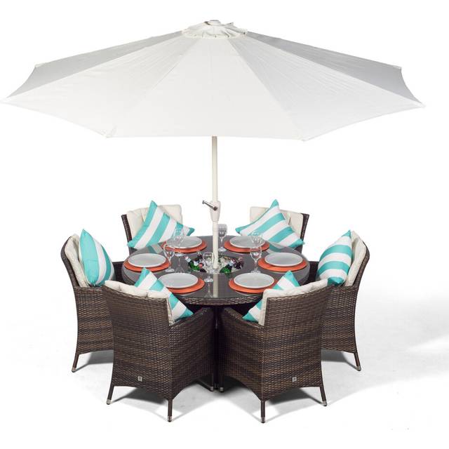 Savannah 6 Seat Round Patio Dining Set with Ice Bucket Drinks Cooler - Brown