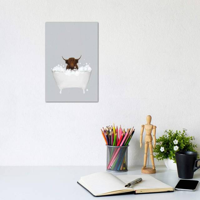 Highland Cow Blue Bath by Leah Straatsma - Wrapped Canvas Painting Print (20.32 cm H x 30.48 cm W)