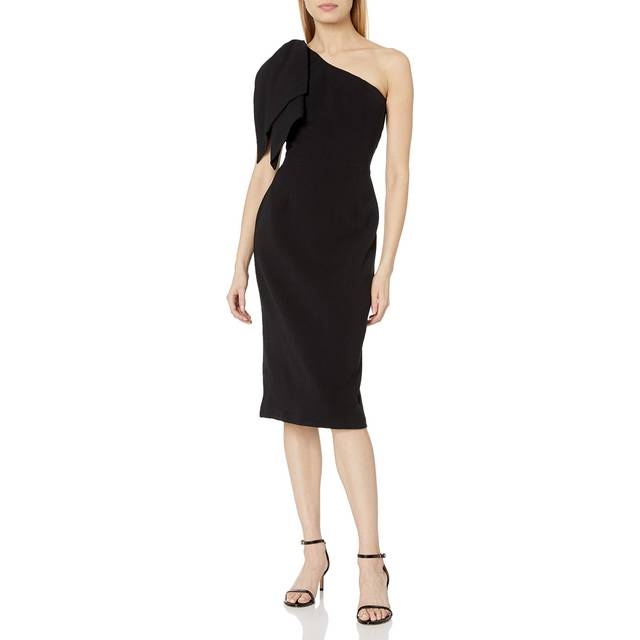 Tiffany Asymmetrical Bow Neck Midi Dress Plain - Black - S