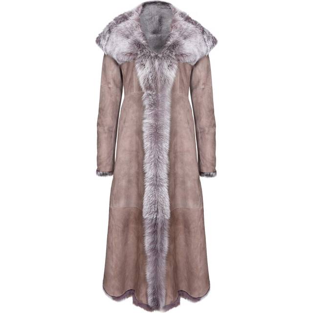 Womens Suede Toscana Sheepskin Hooded Trench Coat-Rushden - Beige - 8