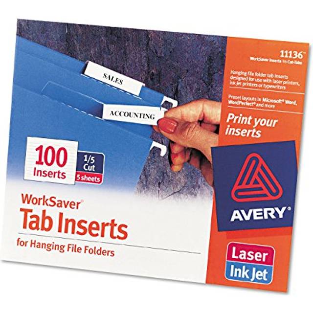 Avery 11136 Printable Inserts for Hanging File Folders  1/5 Tab  Two  White  100/Pack